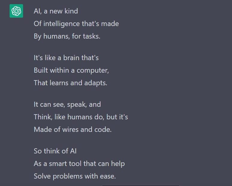 Poem written by Chat GPT about artificial intelligence