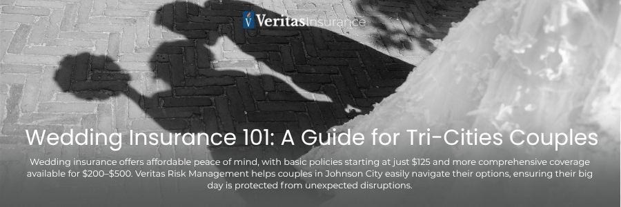A newlywed couple shares a joyful kiss outdoors, symbolizing love and celebration. Text overlay highlights that wedding insurance from Veritas Risk Management starts at $125, offering affordable protection against unexpected disruptions for couples in Johnson City.